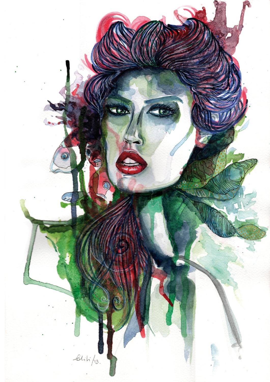 Fishes Original watercolor Art fashion woman face illustration portrait in watercolor drawing fine art hand signed
