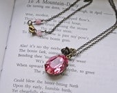 Pink Rose Swarovski Crystal Necklace. Antique Brass Romantic Vintage Style Necklace