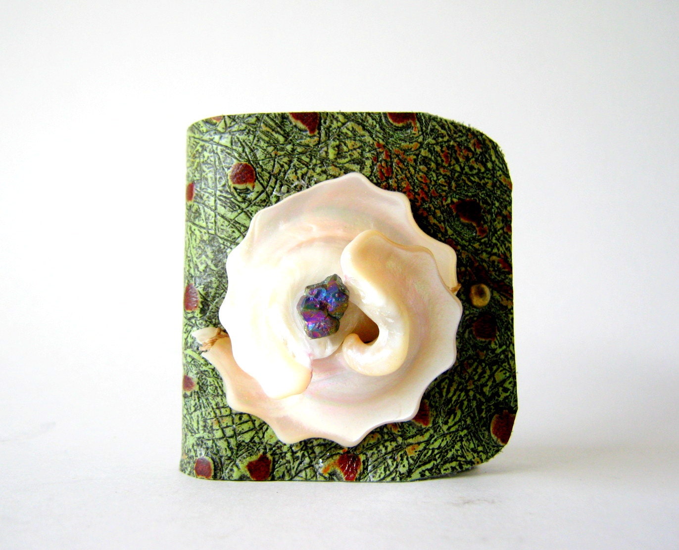 leather cuff bracelet - green and brown ostrich with shells