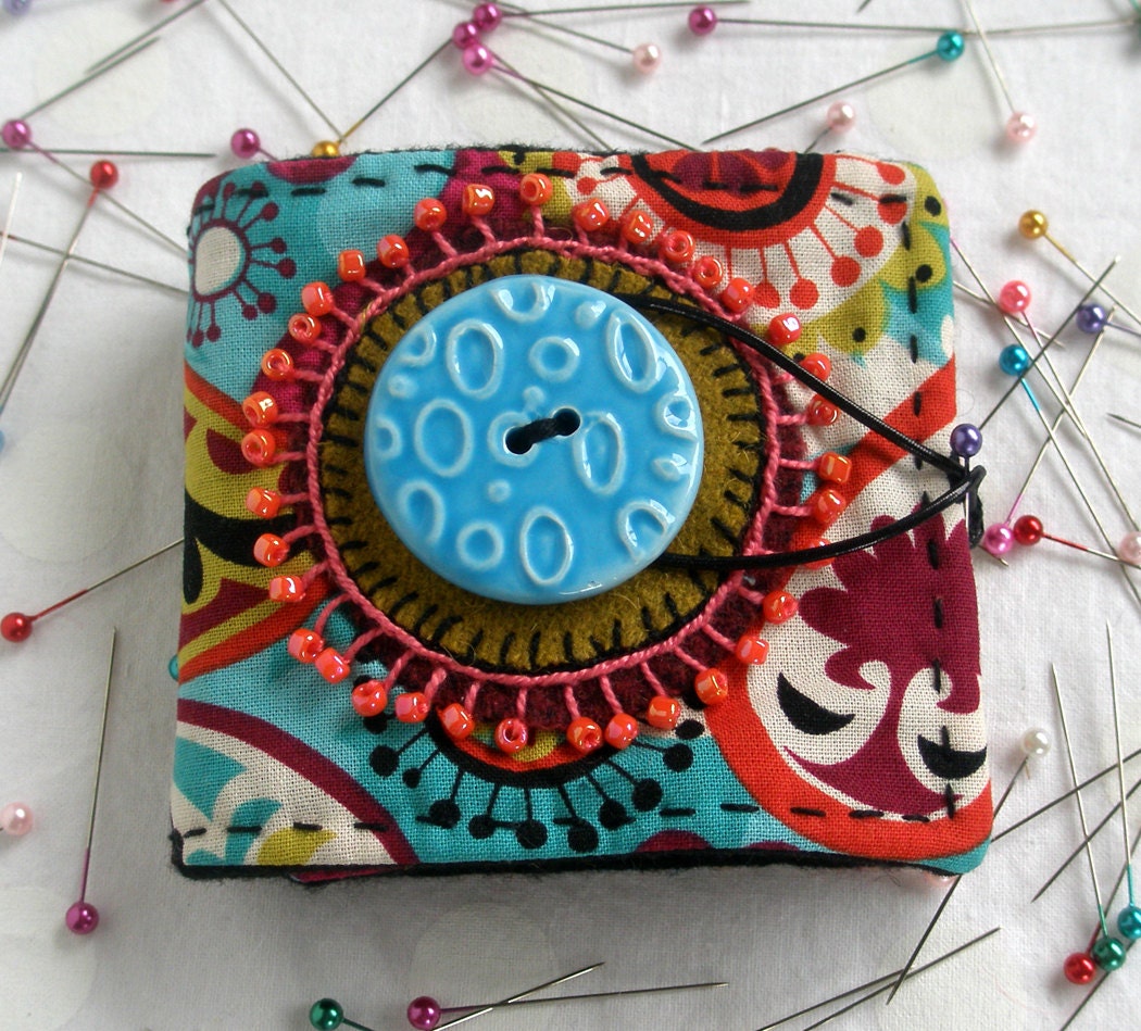 Needle Case Bright Paisley with Blue Ceramic Button