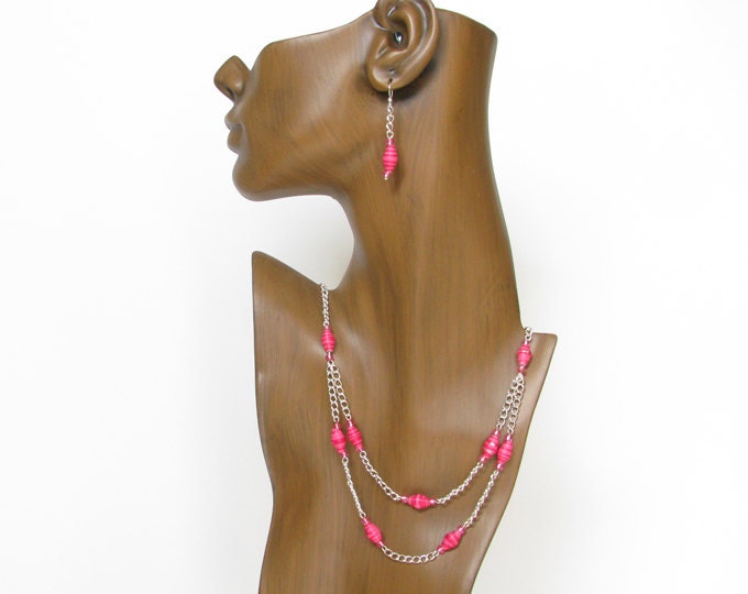 Pink and Silver Necklace and Dangle Earrings Set