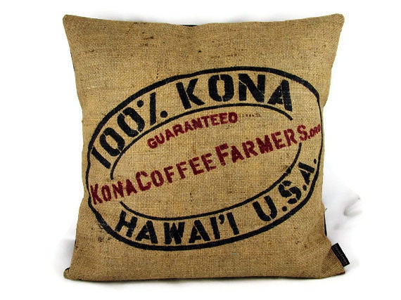 Burlap Pillow. Recycled Kona USA Coffee Bag. 18x18 Pillow Cover. Handmade in Hawaii.