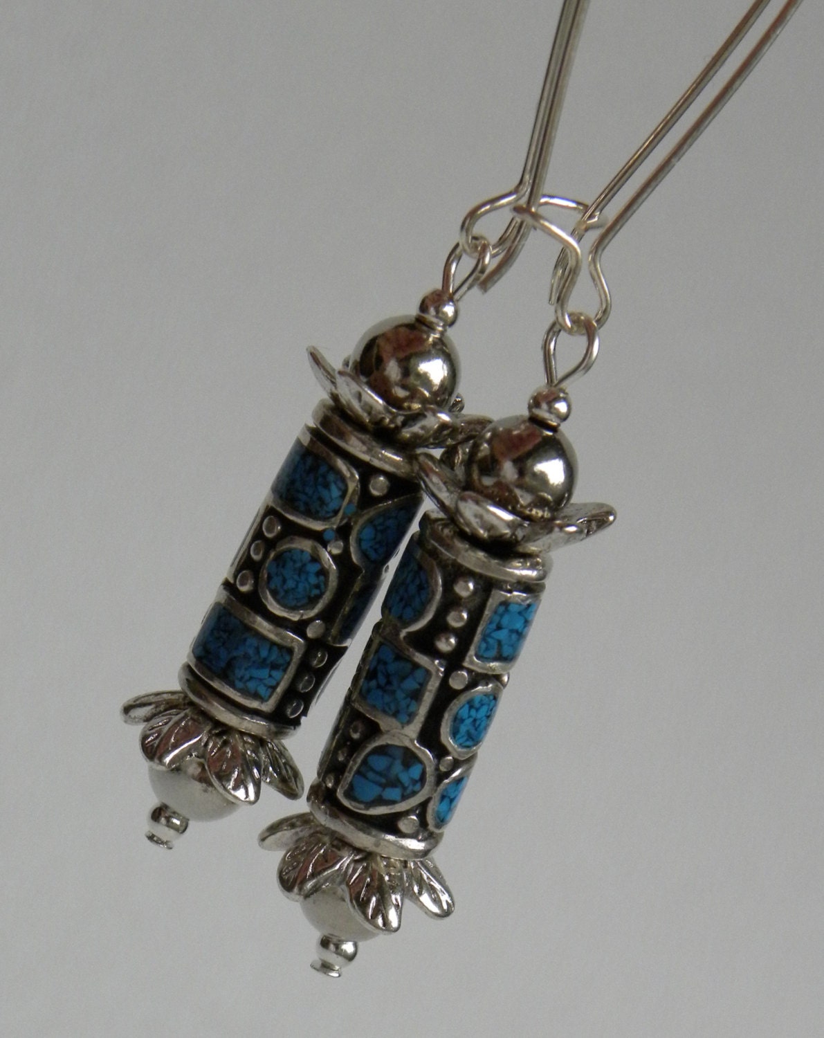 Ornate Silver Handmade Beaded Earrings Inlaid Turquoise