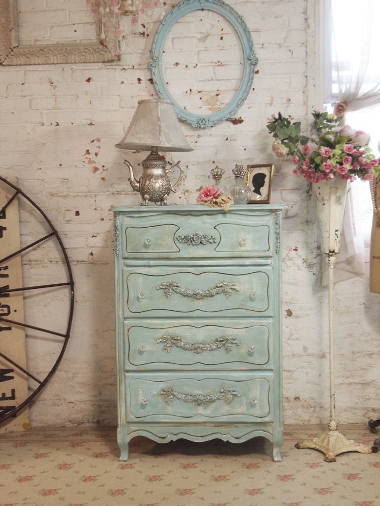 Painted Cottage Chic Shabby Aqua French Dresser CH69