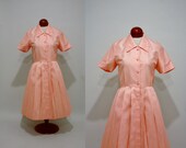 Weekend Sale - vintage 60s shirtwaist dress - Pink Champagne peach plus size pleated skirt spring summer shirt dress