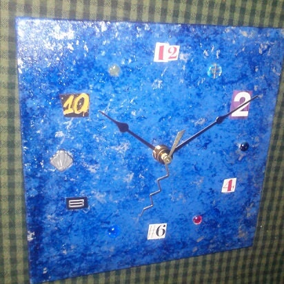 SALE -- brilliant blue and silver mixed media clock --zig zag second hand -- functional art