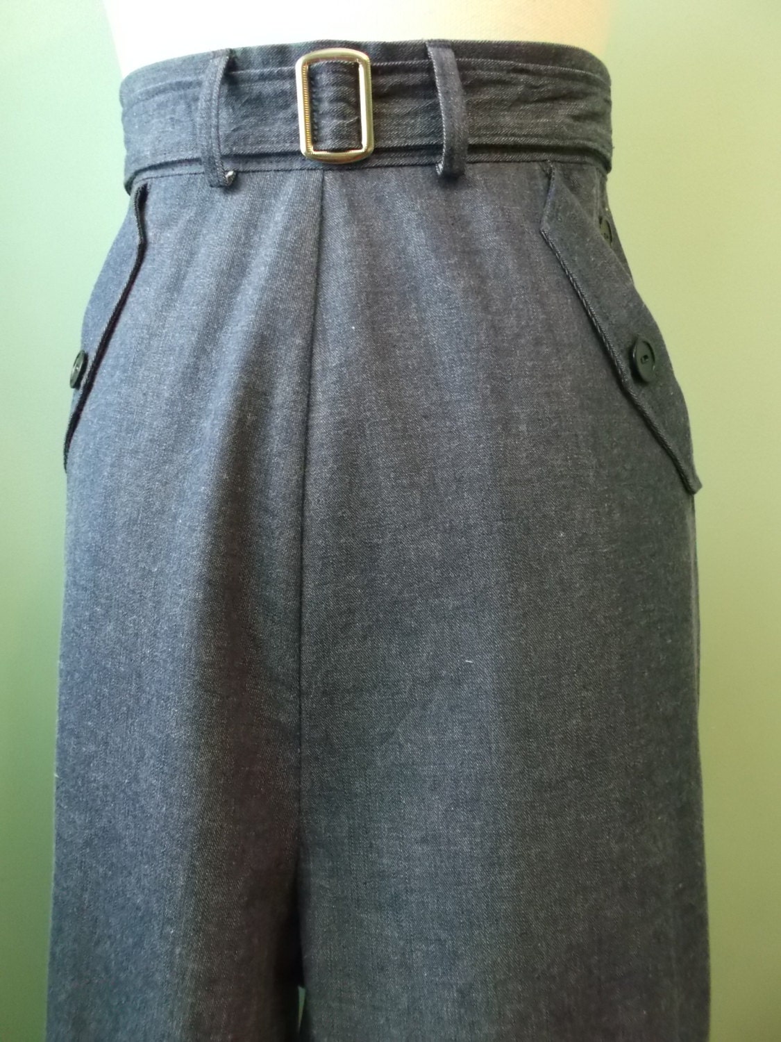 1930's 1940's vintage style  vintage fabric    denim pants with belt  CUSTOM  MADE  your . only ONE available