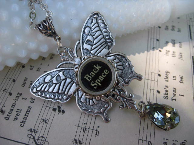 Tyewriter Jewelry Butterfly Necklace featuring Antique Typewriter Key and dark silver Swarovski Crystal drop