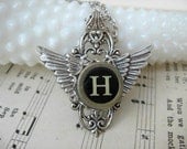 Typewriter Key Jewelry - Letter H - Steampunk -  Wings