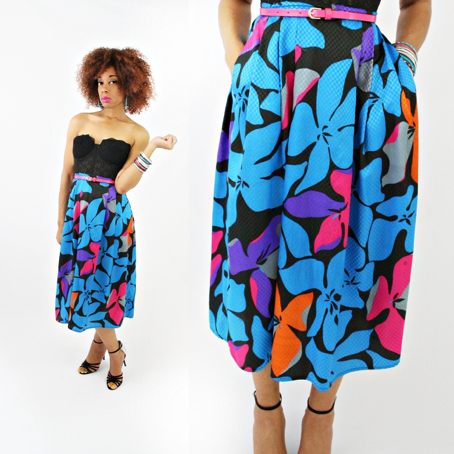 vintage 80s neon high WAIST POP art floral midi skirt size S/M