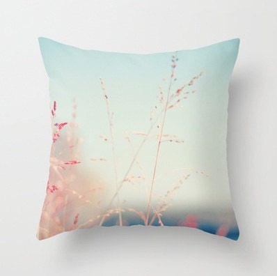 Warm Breeze pillow - decorative throw pillow grass pink blue pastel colors Botanical grass nature turquoise, red, pink, summer, spring - BasicDesign