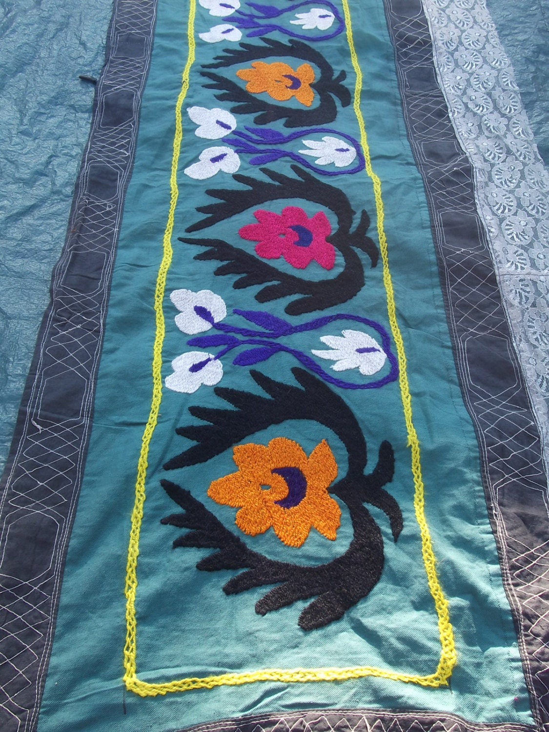 17 feet extra long  Green hand embroidered Zardevor Suzani from Uzbekistan. Wall hanging.