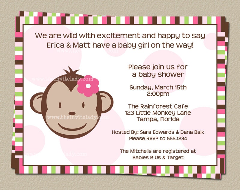 Girl Monkey Baby Shower Invitations, Sock Monkey Theme, Set of 10 Printed Invites and Envelopes, FREE Shipping