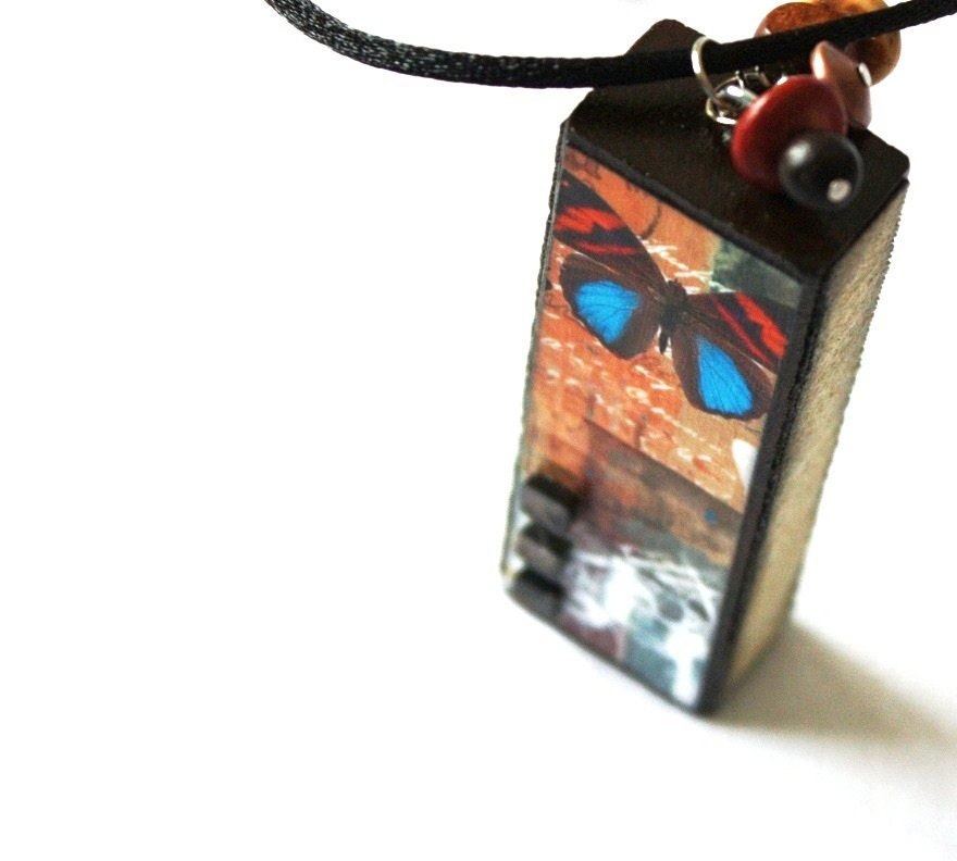 Geometric Jewelry / Butterfly and Postcard Necklace : Wood Rectangle Two Sided Necklace - Ordered Chaos