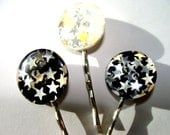 Party Pins Set of 3 Bobby Pins With Silver And Gold Stars on Black And White Buttons Silver Pins