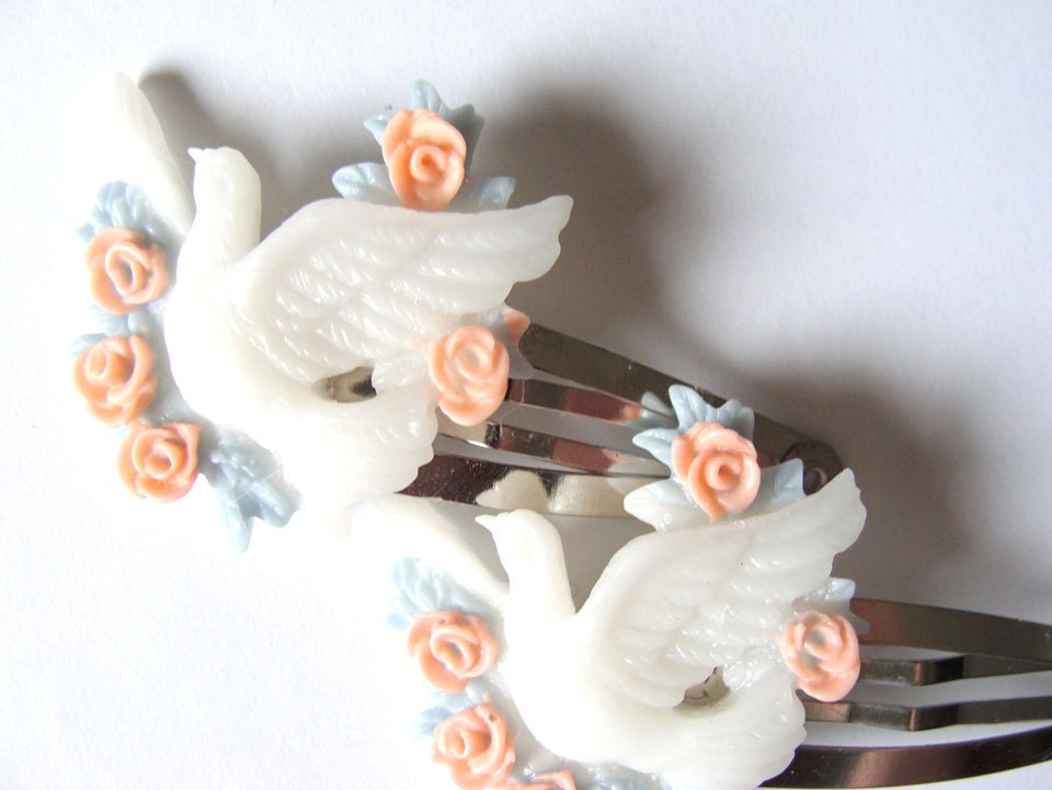 Doves And Flowers Hair Clips Set of 2 Bridal Spring Womens Hair Accessory Fashion Hair