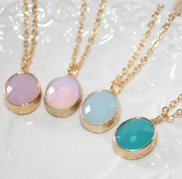 Oval Crystal Drop and Gold Chain Necklace, Choose - Mint, Pink, Alice Blue or Pink Opal, Faceted glass Drop and Gold bezel set Necklace