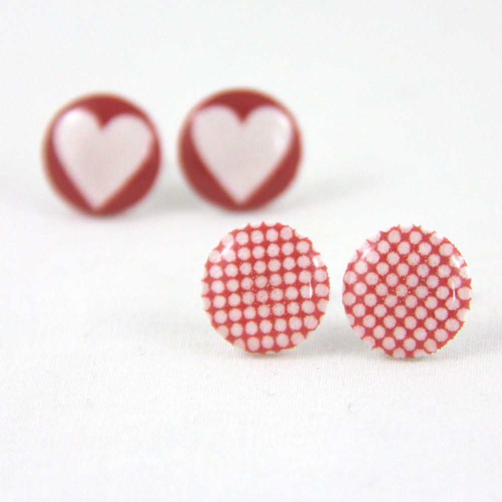 Love Heart Polka Dot Earrings - Red White - Surgical Steel Posts
