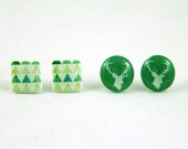 Green Stag & Geometric Triangles - Post Earrings - Surgical Steel Posts