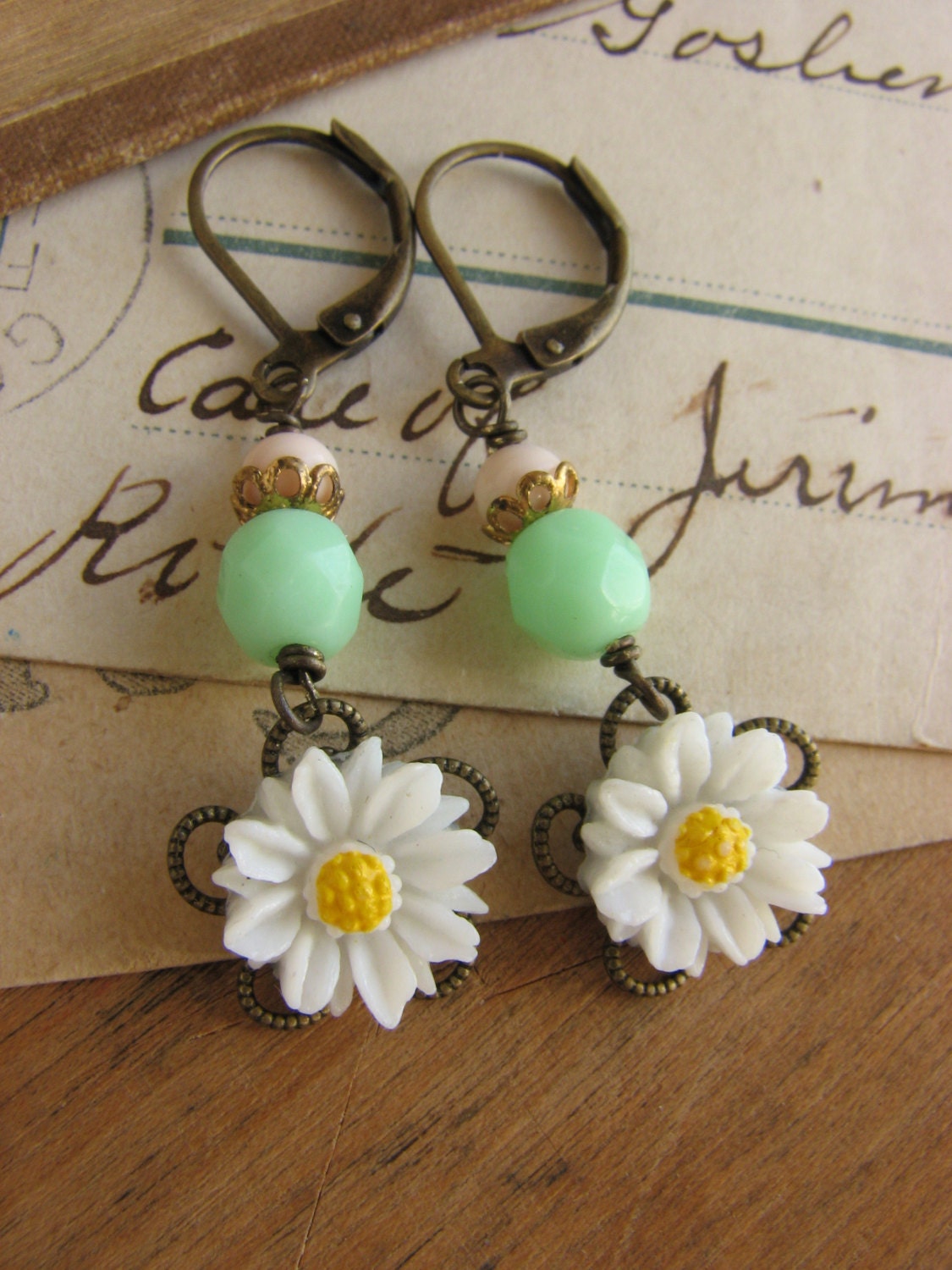 Spring Daisy Dangle Earrings -green and white vintage flower earrings-