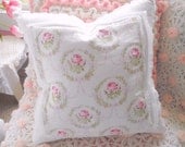 PINK CAMEO ROSES On Crisp White Background Vintage Chenille Shabby Chic Style Pillow