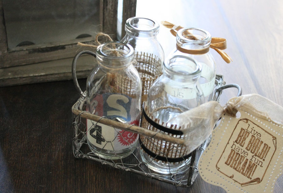 4 hand decorated baby glass vases with vintage wired metal basket