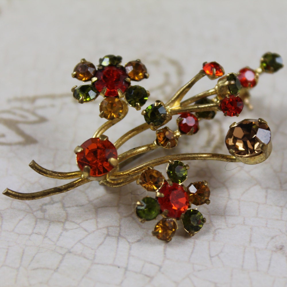 Vintage Orange, Olive Green and Topaz Floral Stem Brooch
