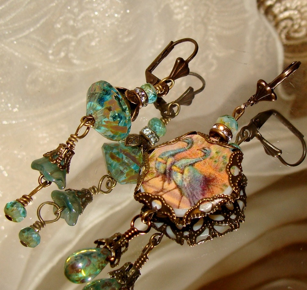 Peacock asymmetrical earrings