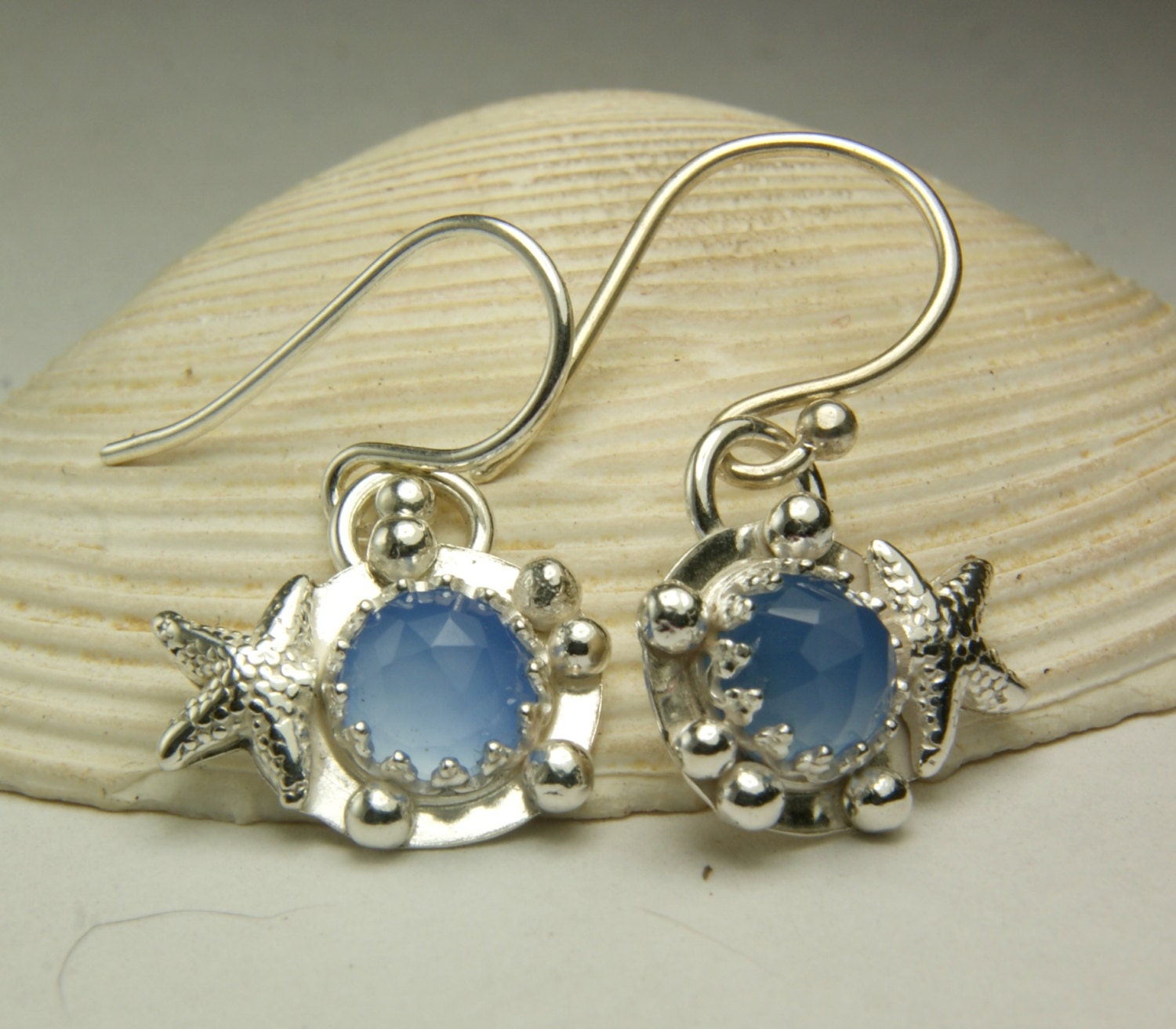 Chalcedony Starfish Earrings, Sterling Silver, Natural Blue Stones, Handmade Jewelry