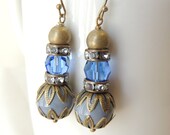 Vintage Style Earrings, Gray Glass Beads Blue Preciosa Crystal Earrings, Antiqued Brass Filigree Bead Caps, Bridesmaids Earriings, gift