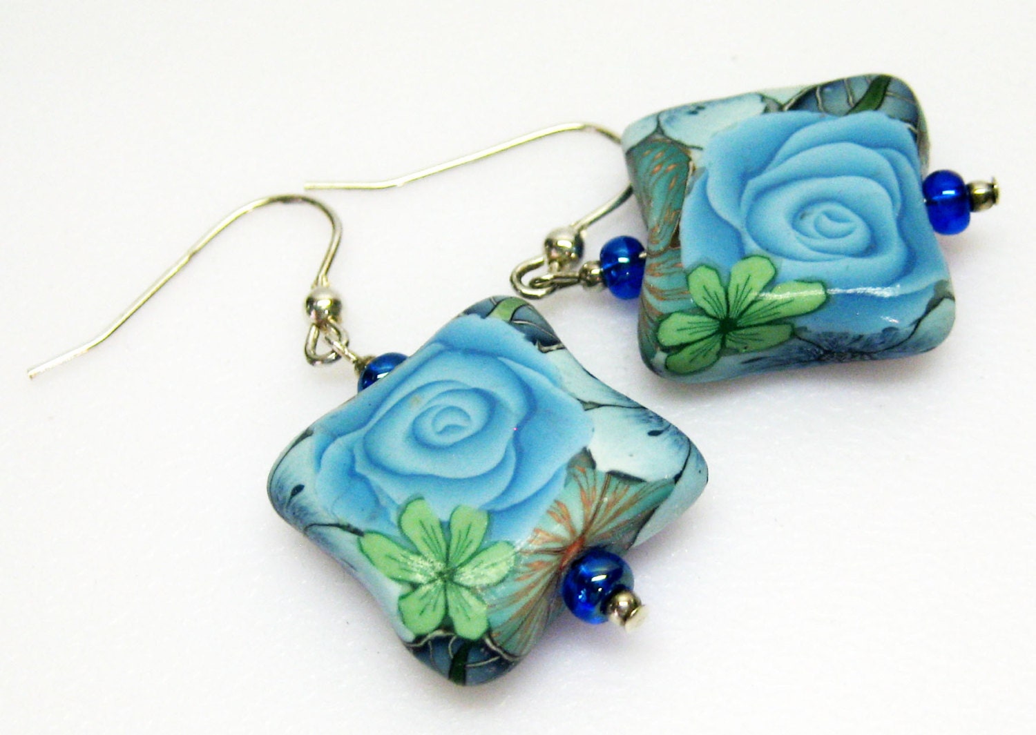 Blue Floral Polymer Clay Earrings - Blue Rose Earrings - Polymer Clay Earrings - Sterling Silver - Dangle