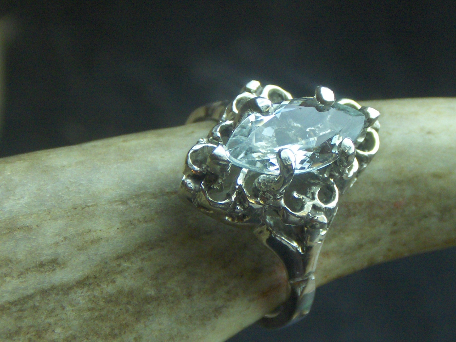 PROMENADE. 1 CT. Marquise Marcasite and sterling Silver Victorian Style engagement ring. Ready to ship, size 6.5 Hand Forged by Chymiera