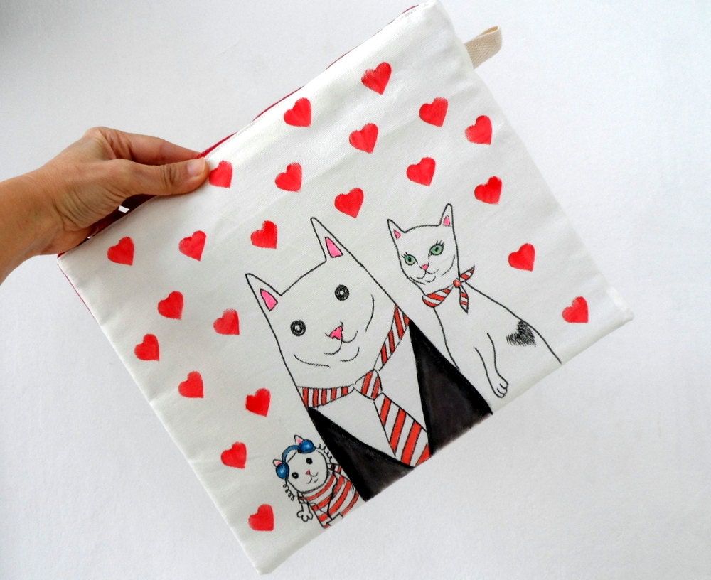 Valentine embreagem, Manga Ipad, caso Gadget / Família de gato com corações vermelhos