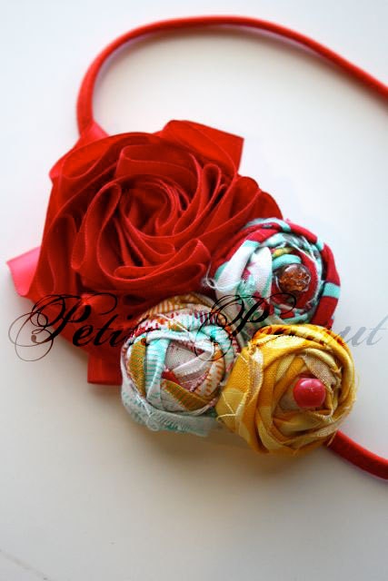 Couture Shabby Chic Satin Flower headband- Spring Easter- Teal Red Yellow Collection- RED- CUSTOM ORDER - Photography prop