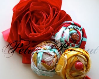 Couture Shabby Chic Satin Flower headband- Spring Easter- Teal Red Yellow Collection- RED- CUSTOM ORDER - Photography prop