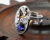 Steampunk Ring, Waltham Vintage Watch Movement & Purple Velvet Crystal / Adjustable Ring Size 5 - 8.5