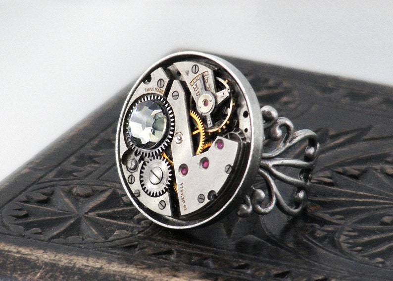 Steampunk Ring, Black Diamond Crystal & Vintage Watch Mechanism / Statement Ring / Adjustable Ring