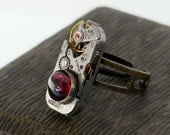 Steampunk Ring, Garnet Cabochon & Vintage Citizen Watch Mechanism / Adjustable Ring Size 5 - 8.5