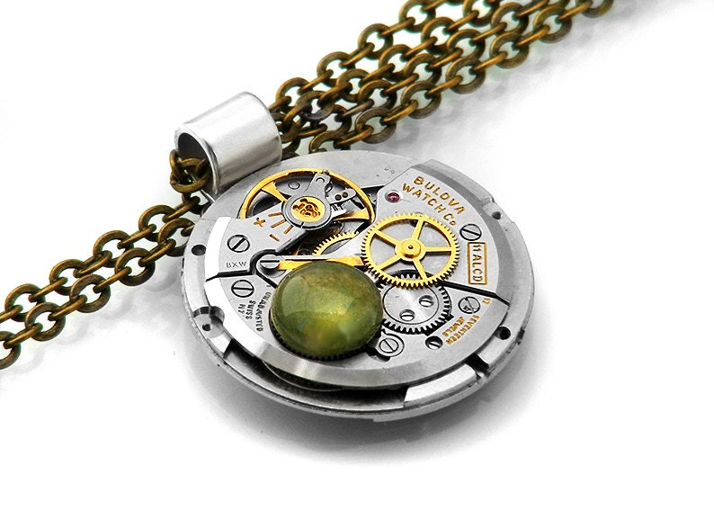 Steampunk Necklace, Moss Agate & Vintage Bulova Watch Movement / Long Chain Necklace / Man Necklace