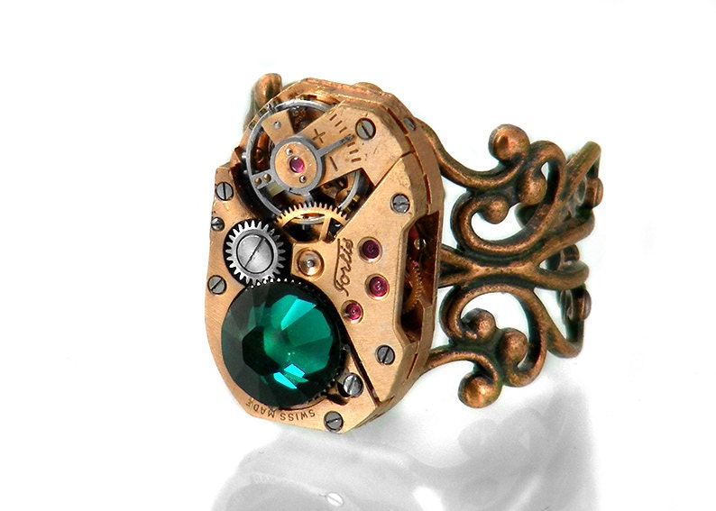 Steampunk Ring, Rosy Red Brass Vintage Watch Mechanism & Emerald Crystal - Adjustable Filigree Ring