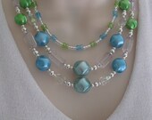 Vintage Beaded Necklace, Multistrand, Blue, Green, Clear, Chunky Beads, Chunky Beaded Necklace, Vintage and New Beads, Upcycled, OOAK