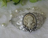 Cameo Bracelet, Silver Bracelet, Pearl Beads,  Lady Cameo, Cameo Jewelry, Silver Filigree, Bangle Bracelet, Brown and White Cameo