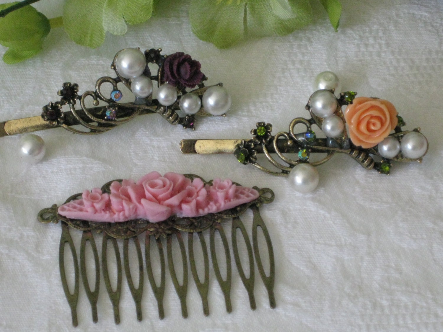 Bobby Pins, Hair Comb, Floral Hair Accessories, Pearl Beads, Pink Flowers, Peach Flower,  Rinestones, Bridal Hair, Wedding Hair