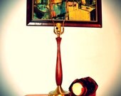Mid Century Gold Brass Atomic Teak Wood Light Lamp