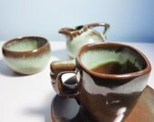 vintage Frankoma Pottery Tea for One Set - teacup and saucer, creamer, sugar - Plainsman Prairie Green