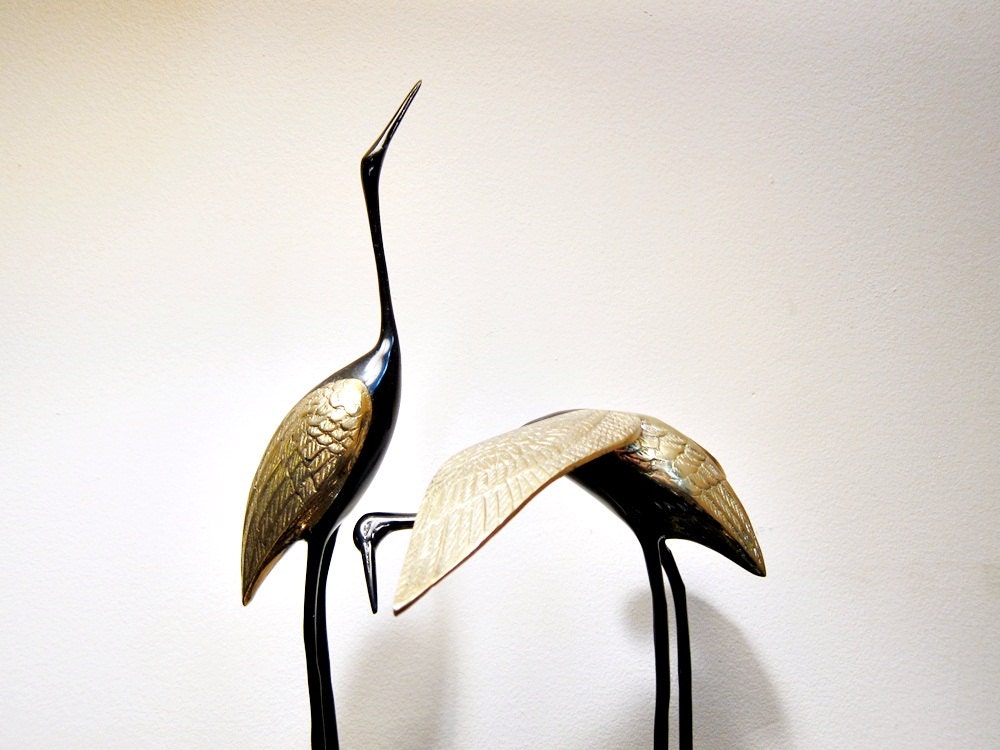 vintage Brass Cranes / Egrets / Herons - Brass and Black Birds