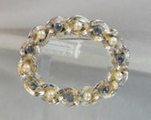 Vintage Pearl Brooch. Sarah Coventry. Blue Rhinestones. Silver Tone.
