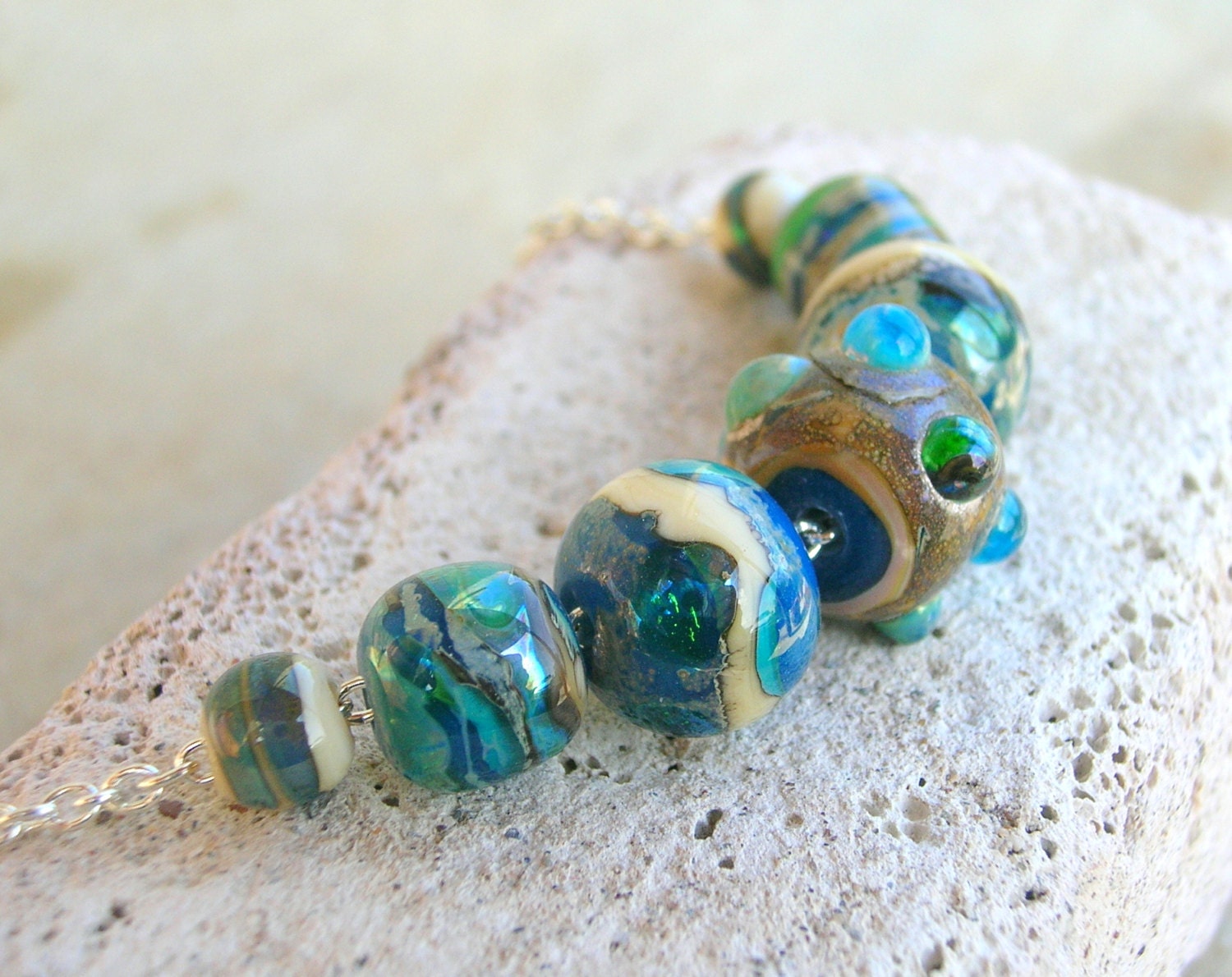 Lampwork Necklace on the Seashore, Under the Clear Spring Sky, Handmade Mother's Day Gift
