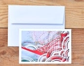 set of 3 . 4x6 papercut print postcards . golden gate bridge . san francisco, fog, map
