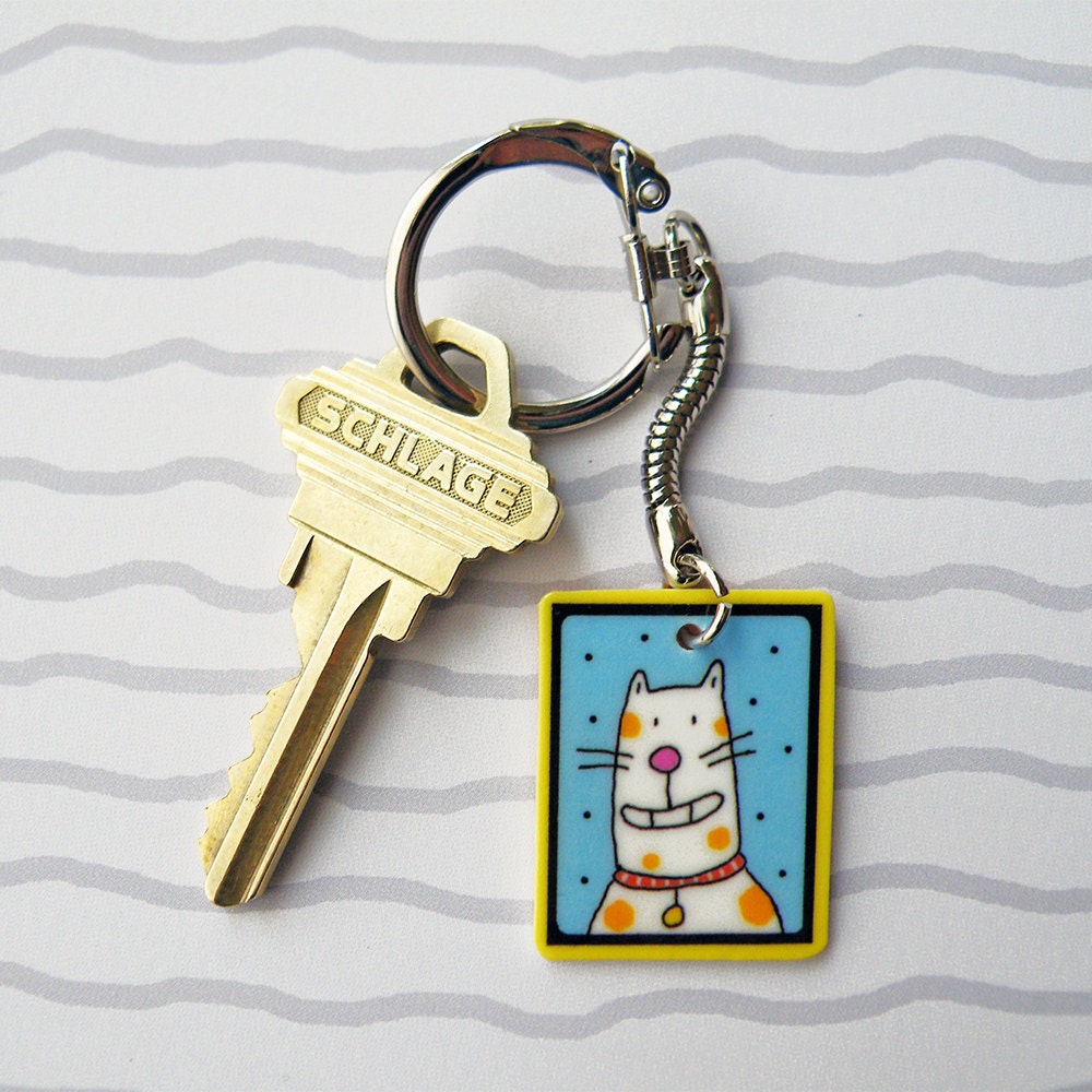 Cat Keychain White and Orange Calico Shrink Plastic Key Ring